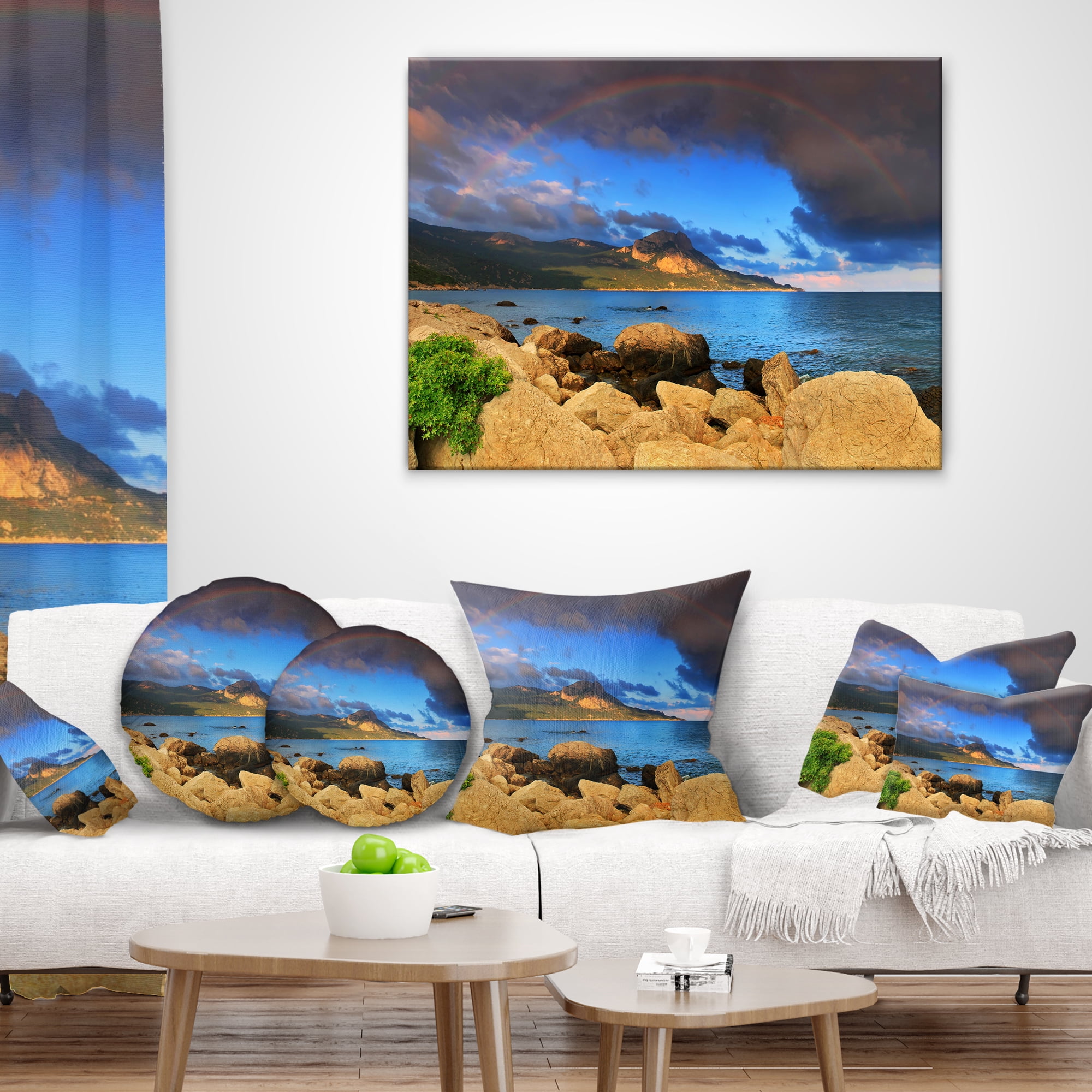 Designart Rainbow over the Ocean Bay - Modern Seascape Throw Pillow - 16x16