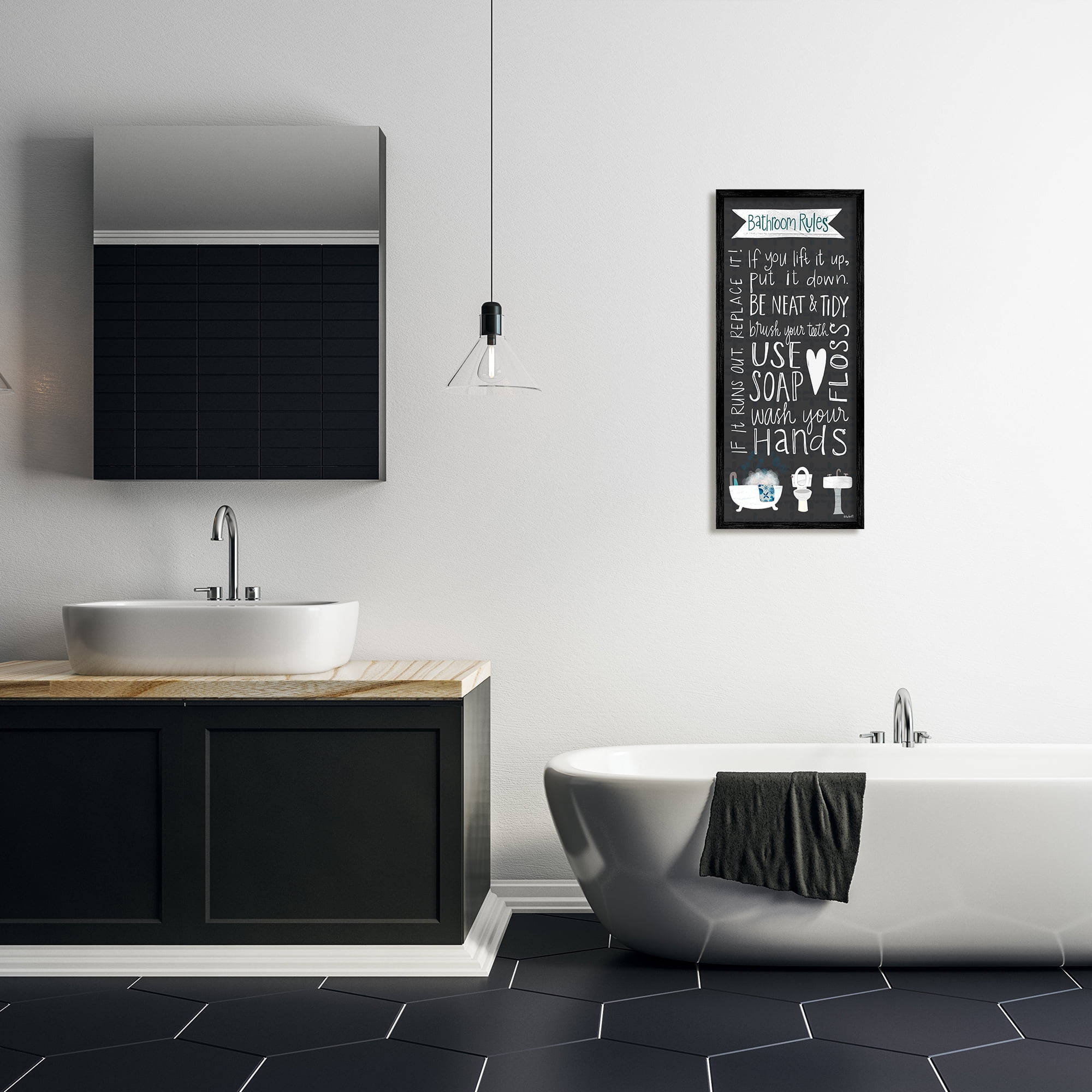Stupell Industries Bathroom Rules Sign Whimsical Tub Toilet Sink, 13 x 30,Design by Katie Doucette