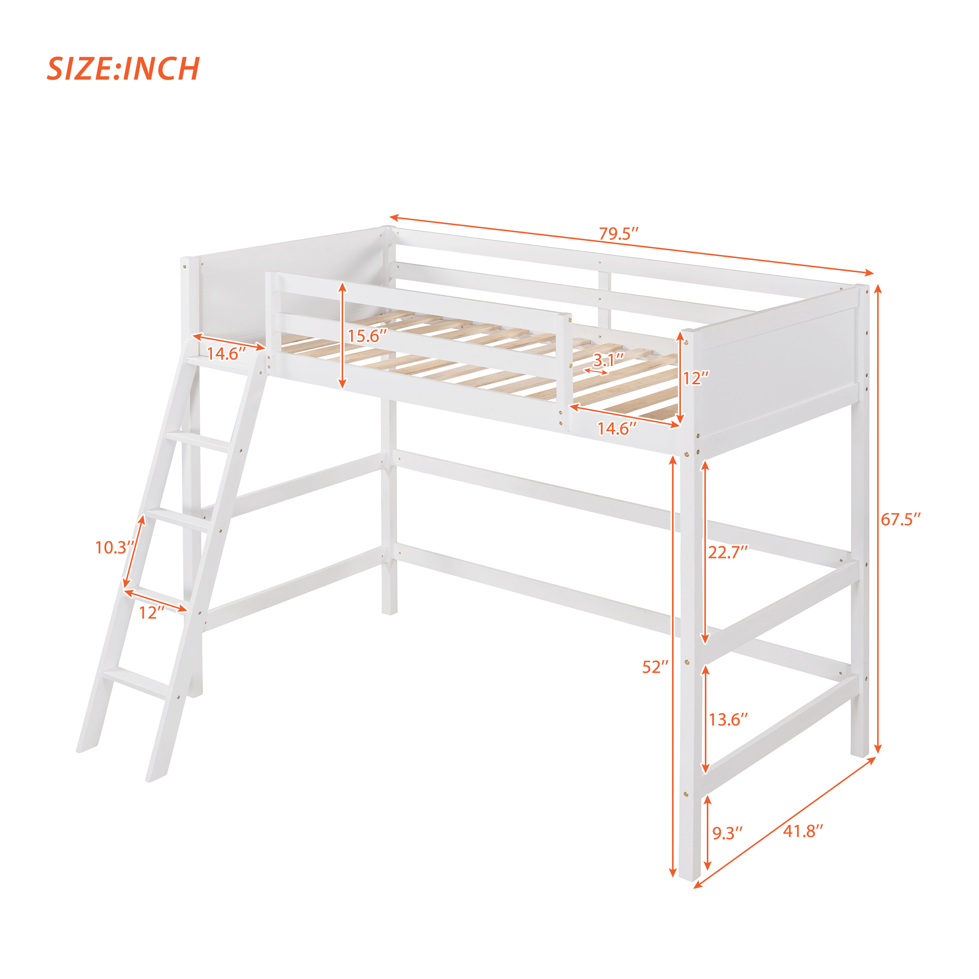 Gewnee Twin Loft Bed, Solid Wood Loft Beds with Ladder for Kids Teens,White