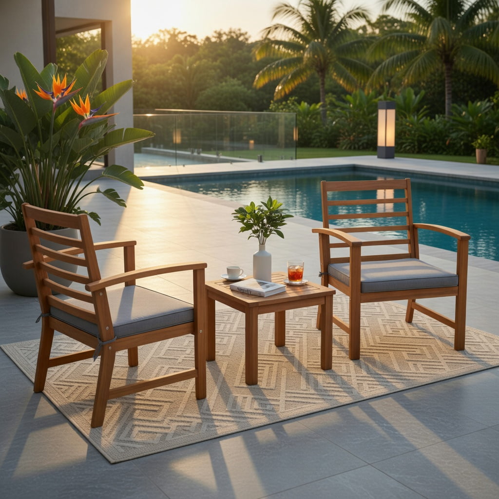 Hommoo 3-Piece Acacia Wood Outdoor Patio Furniture Set with Cushions, Durable Backyard Seating for Porch, Poolside & Deck, Gray