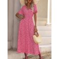 thumbnail image 3 of Womens Hot Pink V-Neck Short Sleeve Floral Print Maxi Dress With Slit, 3 of 7