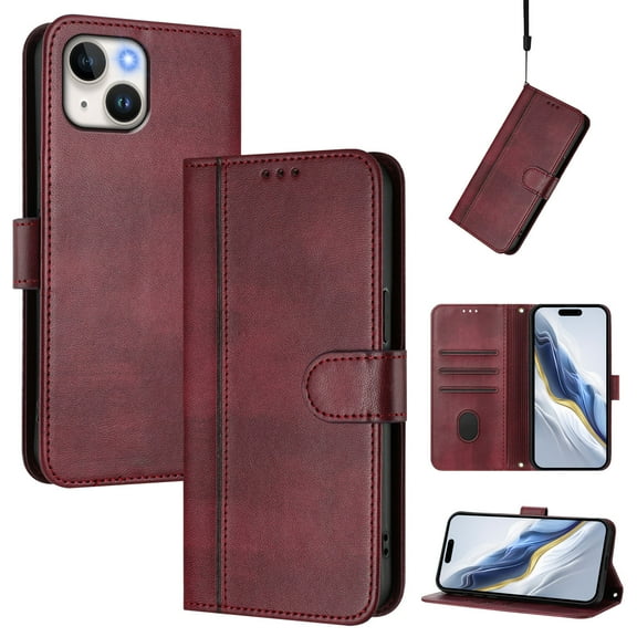 Allytechgroup Case for iPhone 14 with Credit Card Slot, RFID Blocking PU Leather Flip Wallet Stand Phone Case with Lanyard Shockproof and Anti-Scratch Cover for iPhone 14, Winered