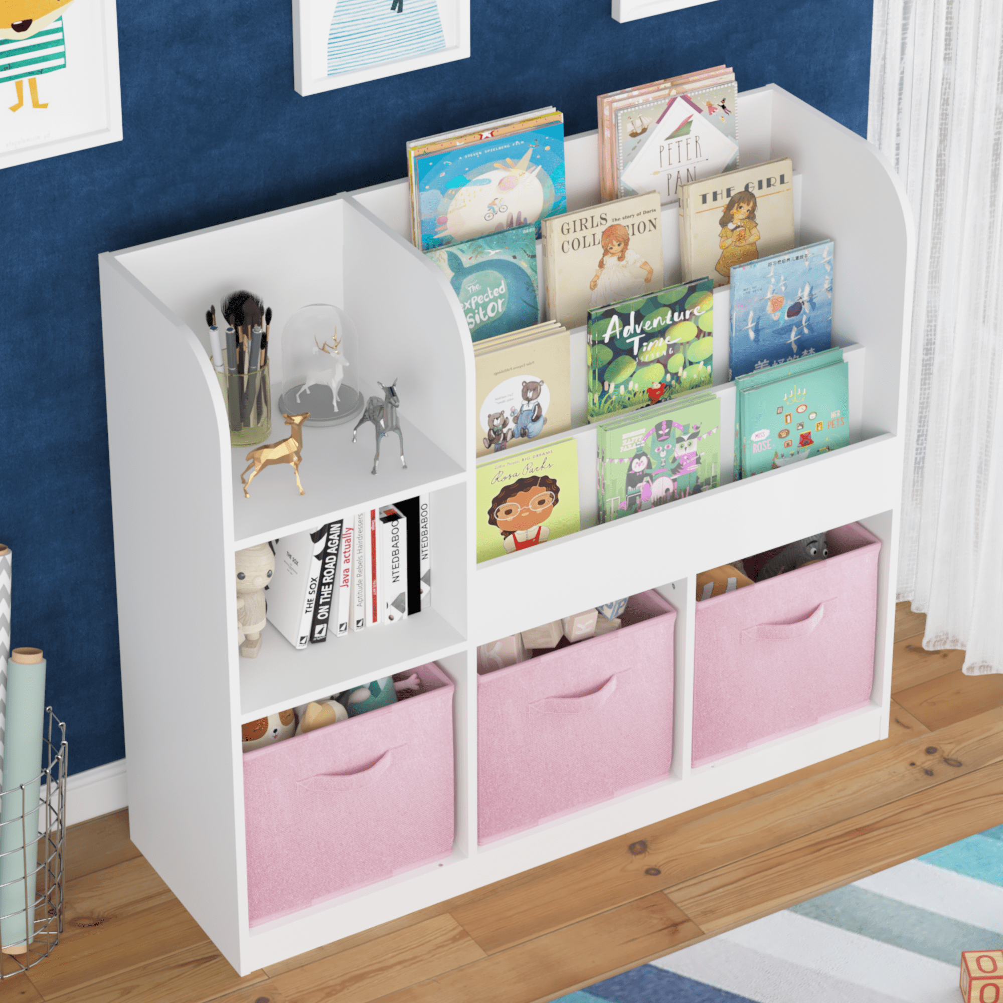Aukfa Kids Bookcase with 3 Collapsible Drawers,Bookshelf Display Stand Toy Storage Organizer for Bedroom/Playroom,Pink