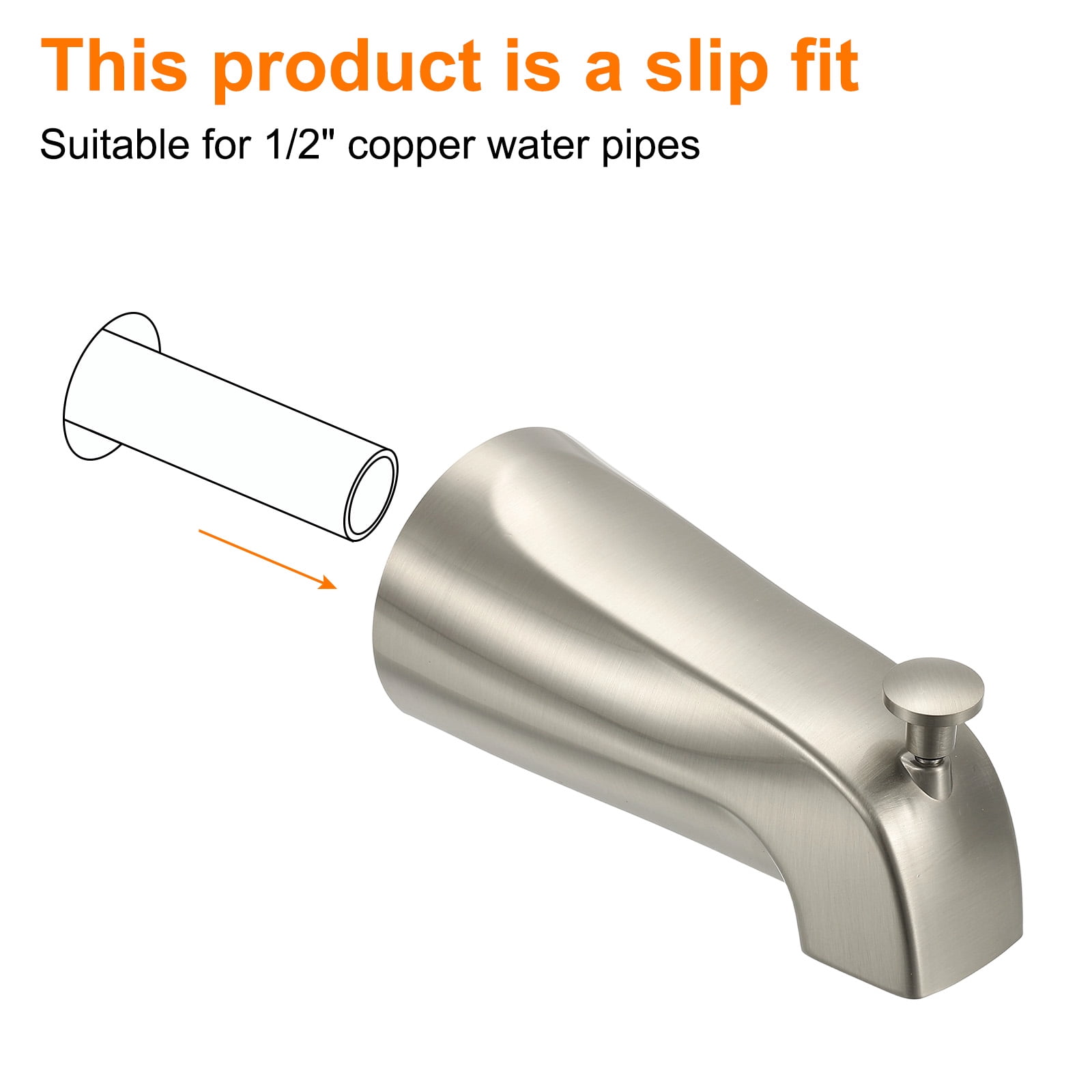 Uxcell Slip on Diverter Tub Spout, Zinc Alloy Bath Spout Bathtub Faucet with Pull-Up Diverter Plastic Reducer Joint for 1/2 Inch Water Tub for Bathroom Kitchen, Brushed Nickel