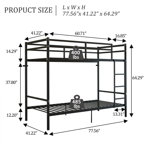 Metal Bunk Bed,14.29-Inch High Safety Rails, 19 Crossbars per Bunk, Under-Bed Storage, for Kids, Teens & Adults, Black