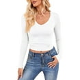 thumbnail image 2 of Long Sleeve Shirts for Women Fall Fashion V Neck Basics Crop Tops Slim Fitted Y2K Tops Outfits Clothes White M, 2 of 9
