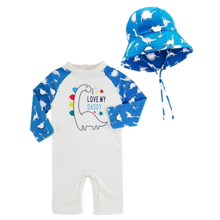 Gubotare Boy Swimsuit Little Boys Cute One-Piece Rash Guard with Sun Hat 2 pcs Swimsuit Beach Swimwear Blue 1-2 Years