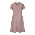 thumbnail image 3 of Diufon Summer Casual Dresses for Women Solid Color Midi Dress V Neck Short Sleeve A-Line Dress, 3 of 6