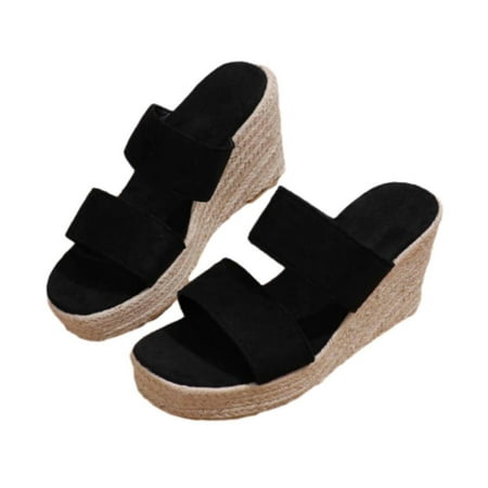 hopeusnice Clearance Women s Wedge Sandals Summer Open Toe Buckle Strap Platform Espadrille Slides Shoes Wedge Heels Slip On Summer Beach Sandals Black 41