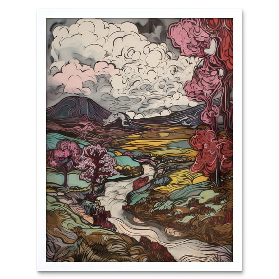 Storm Brewing over River Landscape with Pink Trees Art Print Framed Poster Wall Decor 12x16 inch