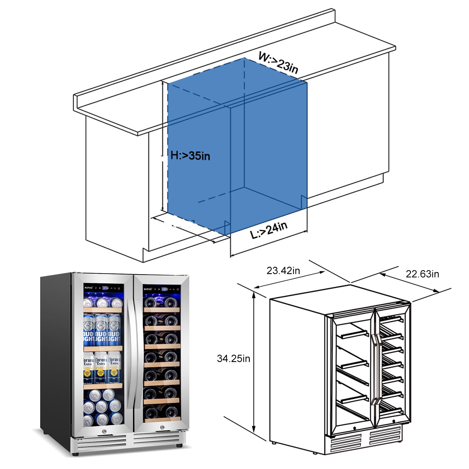 TITTLA 24 inch Wine and Beverage Refrigerator,Dual Zone 21 Bottles and 80 Cans,Built in,Silver