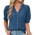 thumbnail image 2 of Eres Más Que una Camisa de Puntuación de Prueba Boho Top Manga Corta Cuello Redondo Blusa Suelta, Detalle de Encaje Color Sólido Desgaste de Verano Casual, Mezcla de Poliéster Spandex, 2 of 9