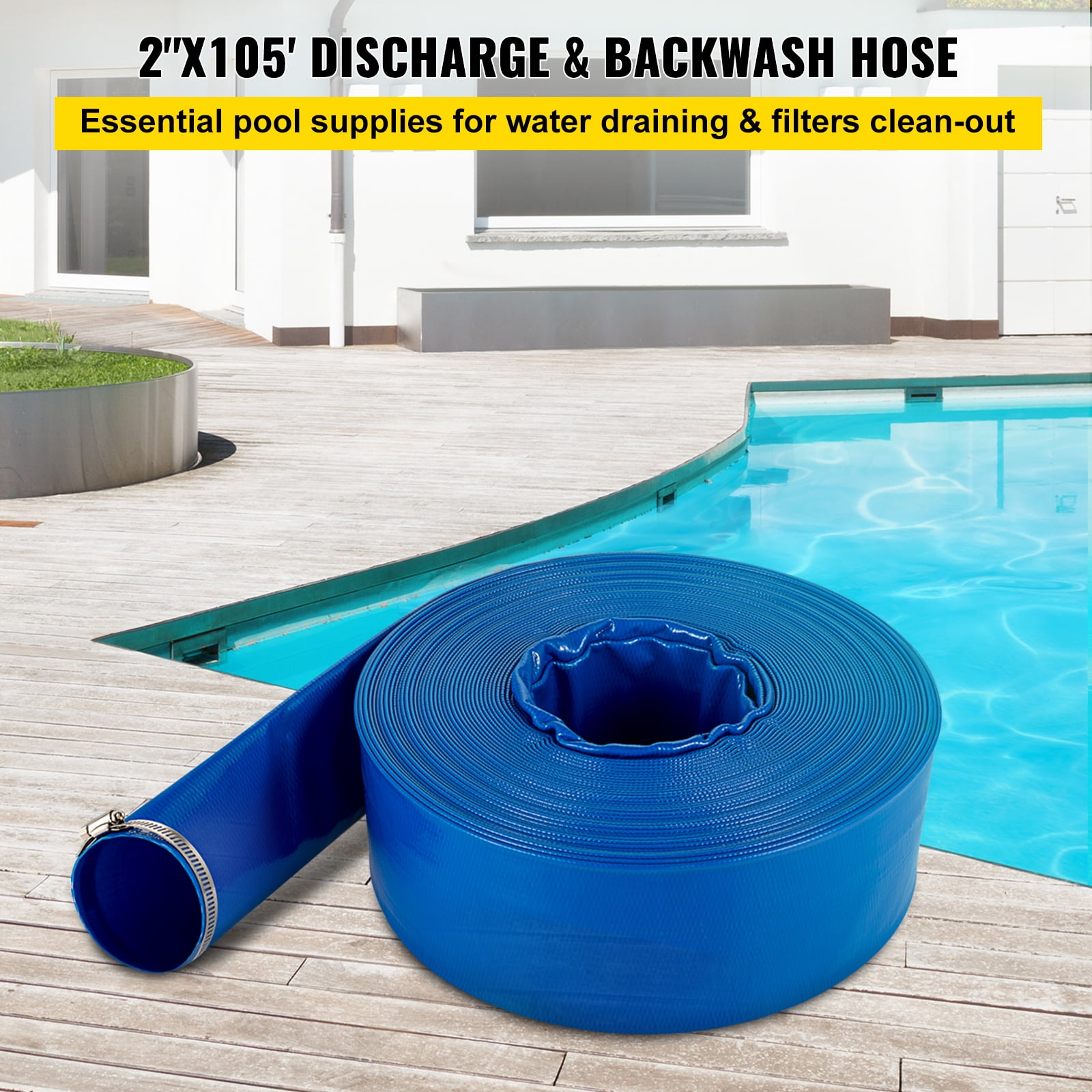 VEVOR Discharge Hose Heavy Duty Lay Flat PVC Fabric Hose with Clamps, 2" x 105', 0.06" Thick Reinforced Material, 60 PSI Working Pressure, (1 Unit)