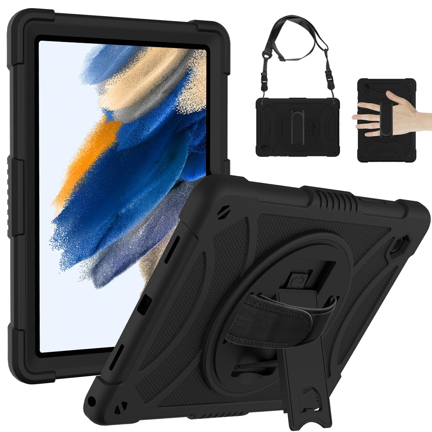 For Apple iPad 9th /8th /7th Gen 10.2 inch 3-in-1 Tough Hybrid Shockproof Protector Silicone TPU with Pencil Holder, Kickstand, Hand & Shoulder Strap Case Cover [Black]