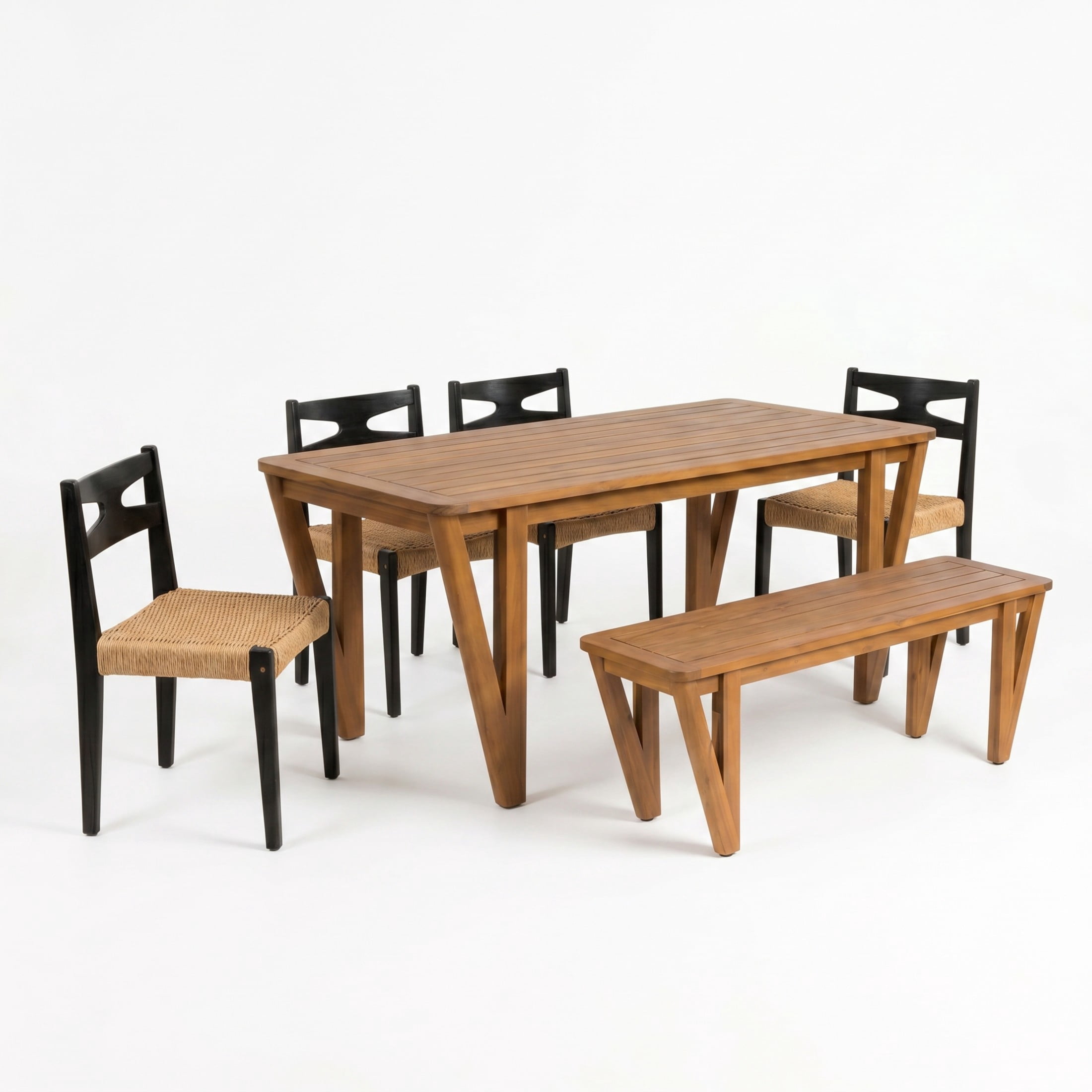 Christopher Knight Home 6-Piece Wood Outdoor Dining Set with Chairs, Bench and Table, Teak+Black