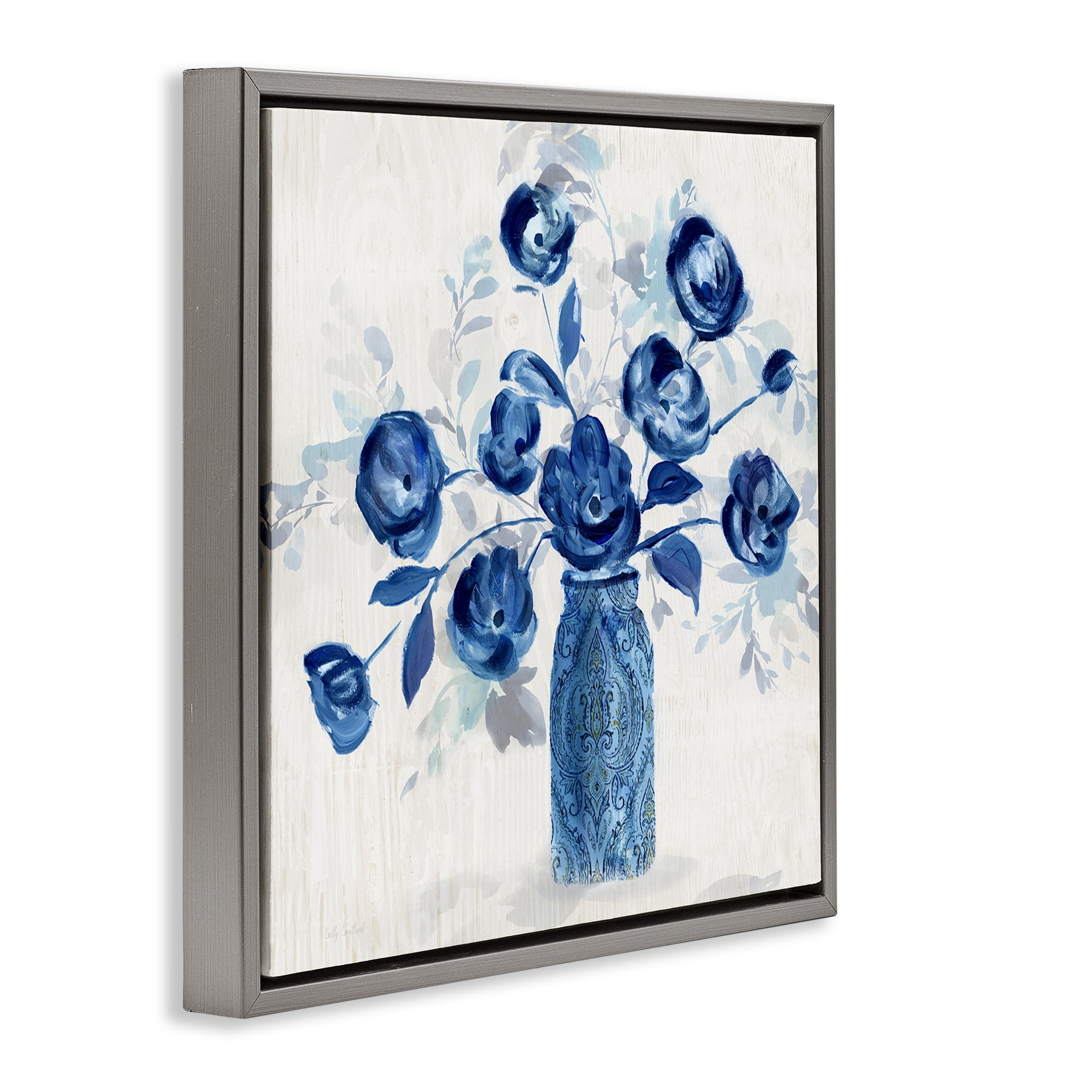 Stupell Industries Blue Roses Ornate Jar Plants & Flowers Painting Gray Floater Framed Canvas Art Print Wall Art, 25 x 25
