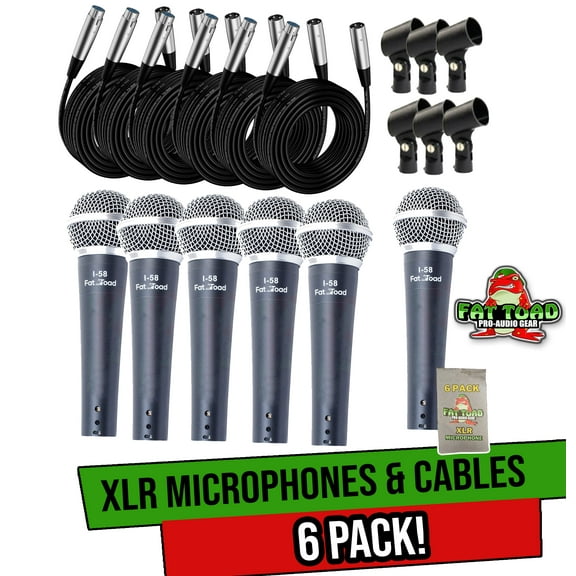 Fat Toad Cardioid Vocal Microphones with XLR Mic Cables & Clips (6 Pack) - Dynamic Handheld, Unidirectional for Studio Recording, Live Stage Singing, DJ, Karaoke Pro Audio 20ft Mic Cords, 3-Pin Wire