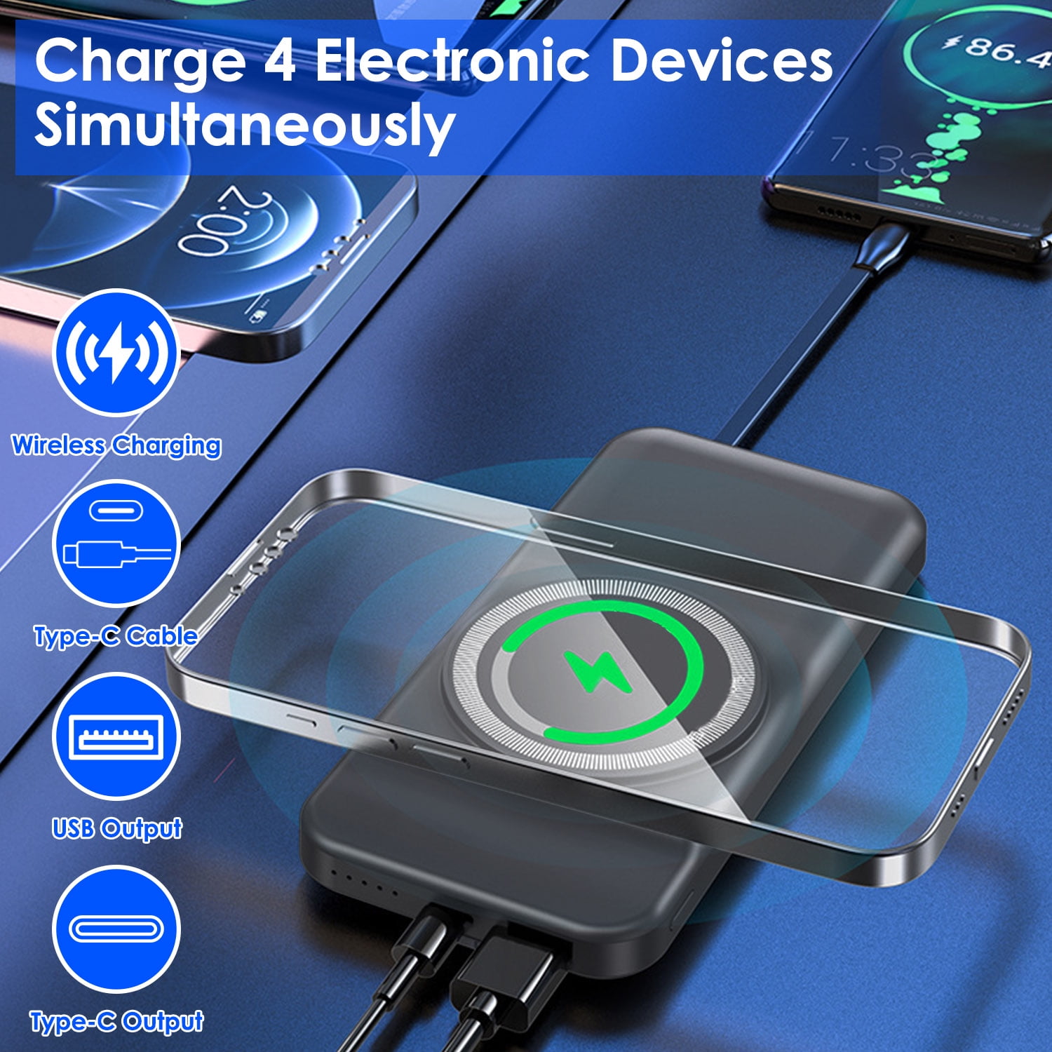Wireless Power Bank TeqHome 10000mAh Magnetic Portable Wireless Charger 22.5W PD Fast Charging Mini Mag-Safe Battery Pack QC3.0 with Built-in Type-C Cables 15W (Black)