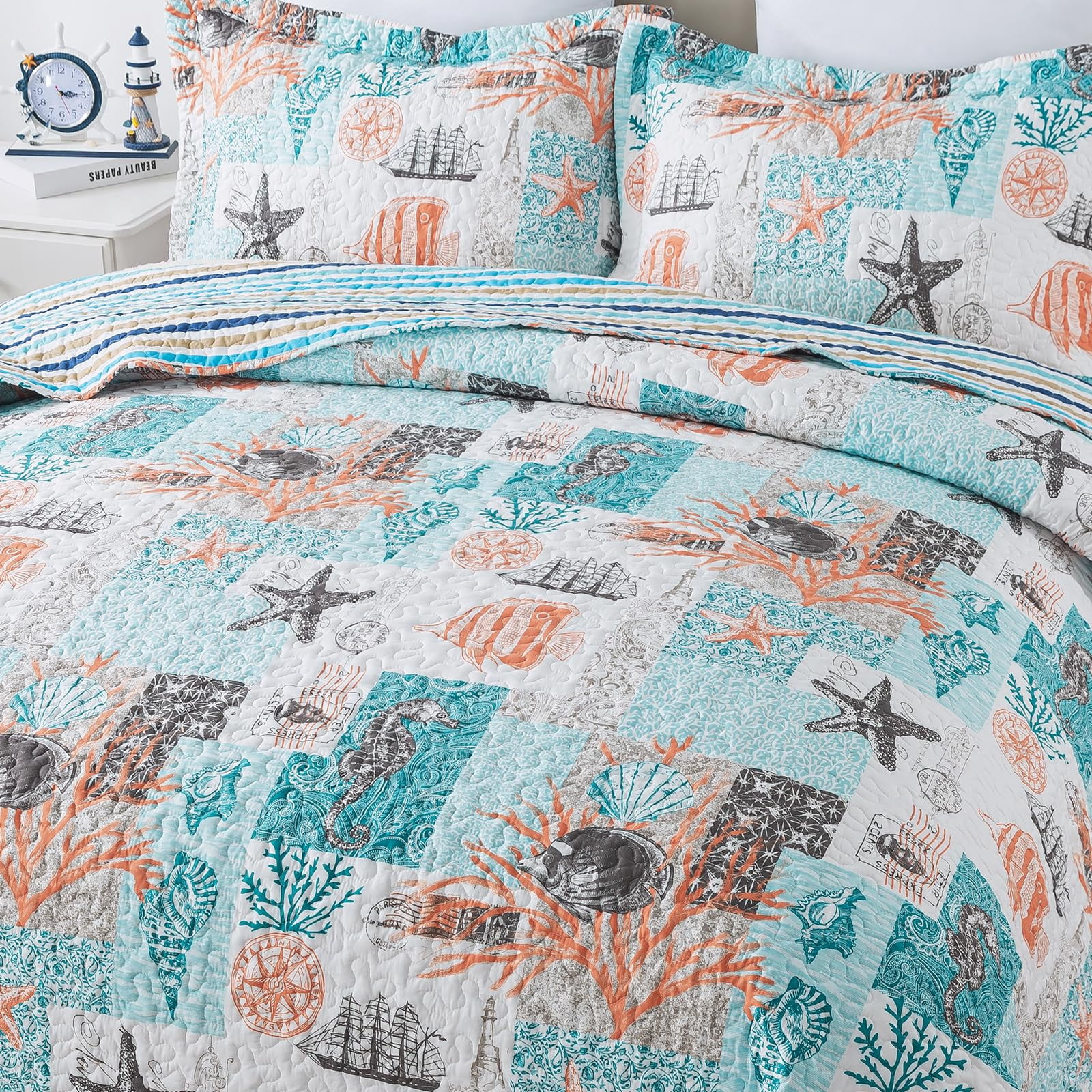 Nordmiex Queen Quilt Bedding Set - 3 Pieces Coastal Quilt Sets Beach Bedspreads Ocean Coverlets Lightweight Bed Cover Summer Quilts Queen Size