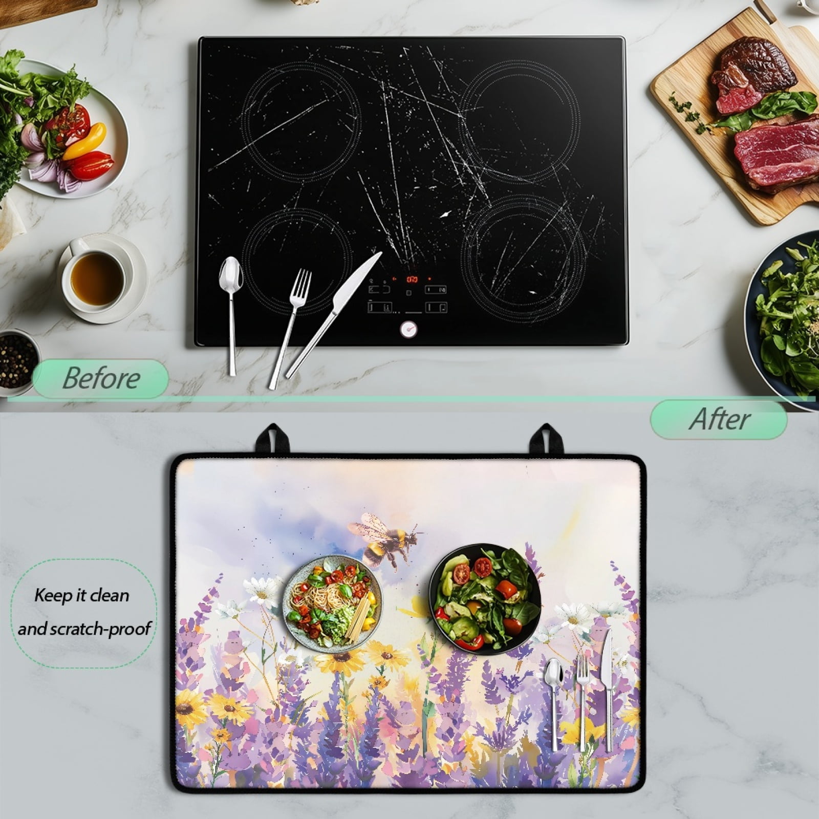 Renewold Stove Cover for Stove Top, Ceramic Stove Top Cover Mat Scratch Resistant Oil Resistant Stovetop Cover Oven Mat Protector for Kitchen Decor, Bee Sunflower Lavender