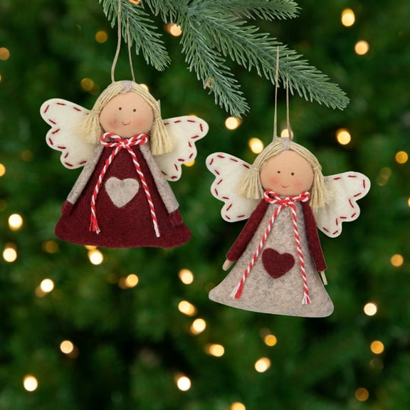Angel Girl Hanging Christmas Ornaments - 3.5" - Burgundy and Beige -  Set of 2