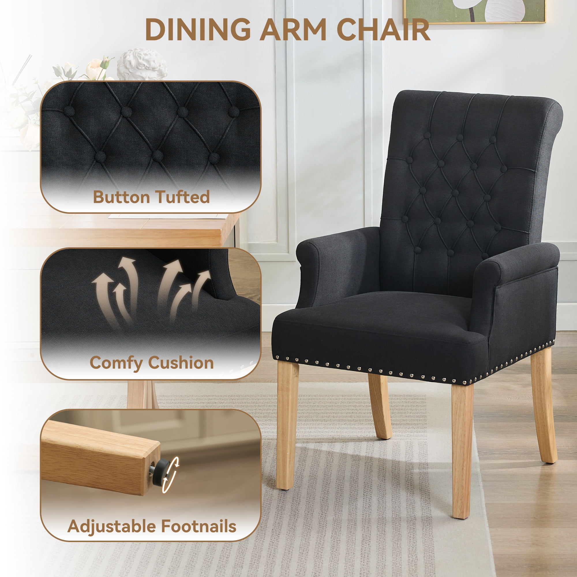 Fabric Upholstered Dining Chair with Arms, Tufted High Back Accent Coffee Armchair for Kitchen Dining Room Living Room, Black