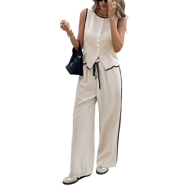 Conjunto de Dos Piezas para Mujer: Chaleco Sin Mangas de un Solo Pecho y Pantalón con Cordón, en Color Contrastante. Albaricoque L