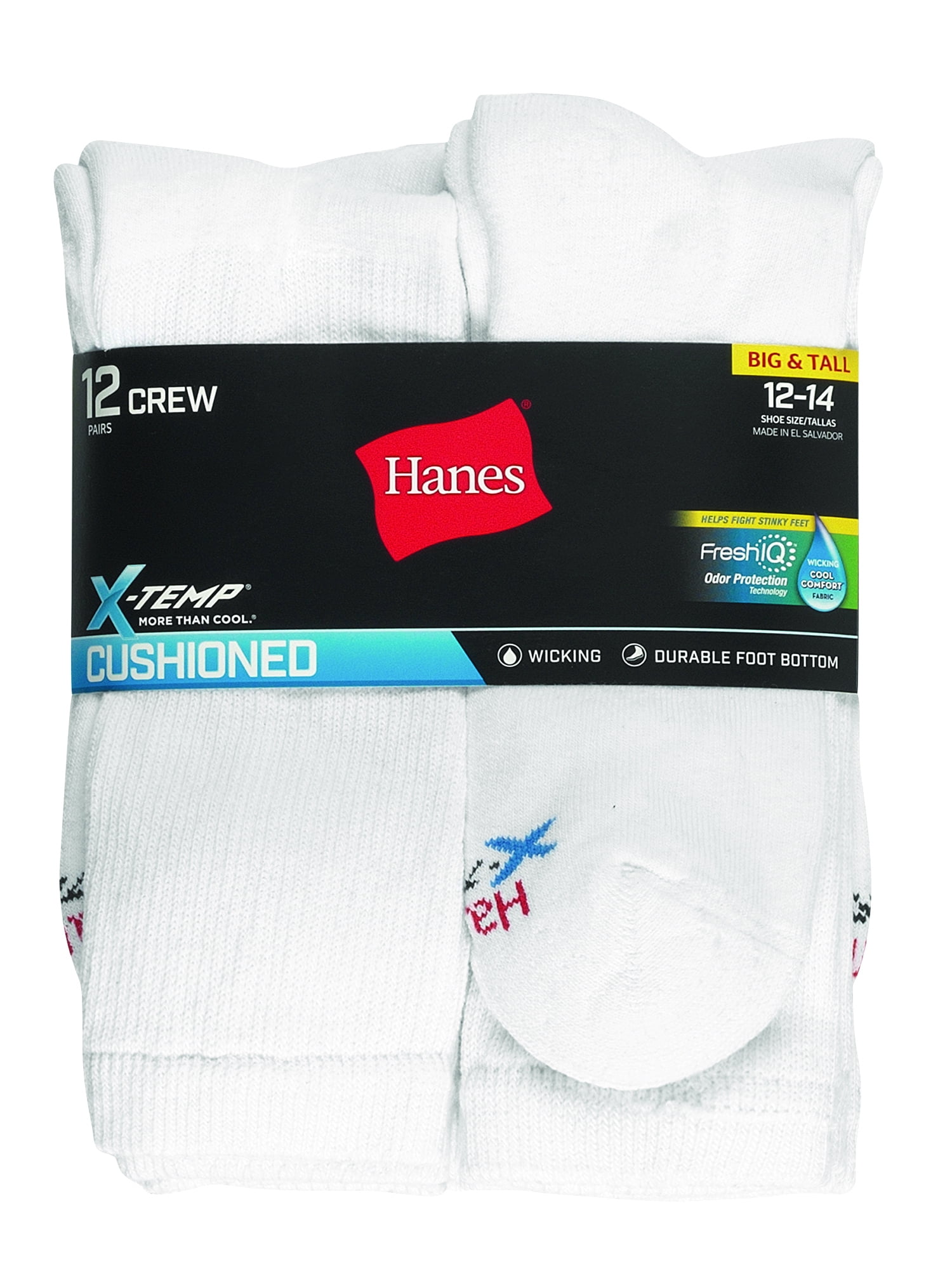 Hanes Men's Big & Tall X-Temp Active Cool Crew Socks, 12 Pack, Size 12-14