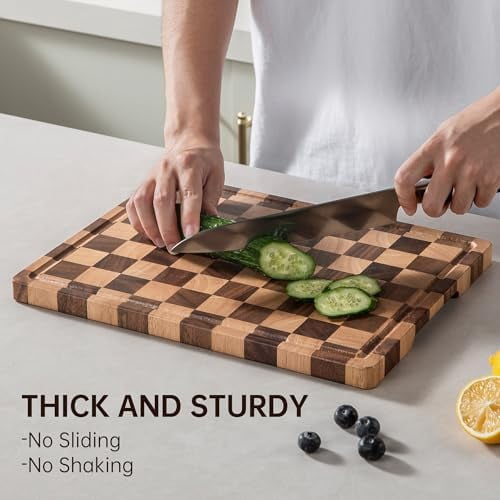 Checkerboard Cutting Board, Wooden Cutting Boards for Kitchen, End Grain Wood Cutting Board with Juice Groove, Serving Tray for Meat, Vegetables, Fruits, Bread, Cheese, 14" X 11" X 0.8"