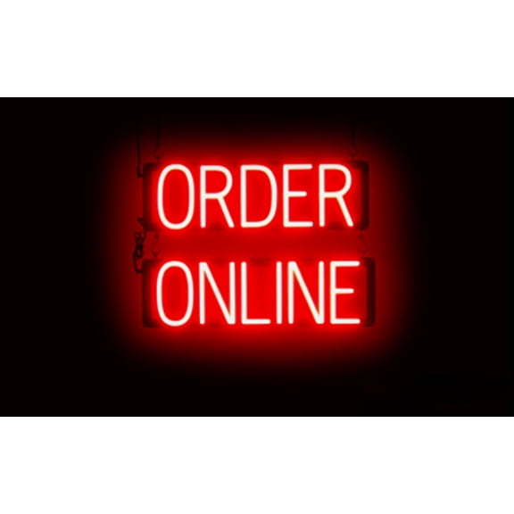 SpellBrite ORDER ONLINE LED Sign for Business. 21.0" x 15.0" Red ORDER ONLINE Sign Has Neon Sign Look With Energy Efficient LED Light Source. Visible from 500 Feet, 8 Animation Settings.
