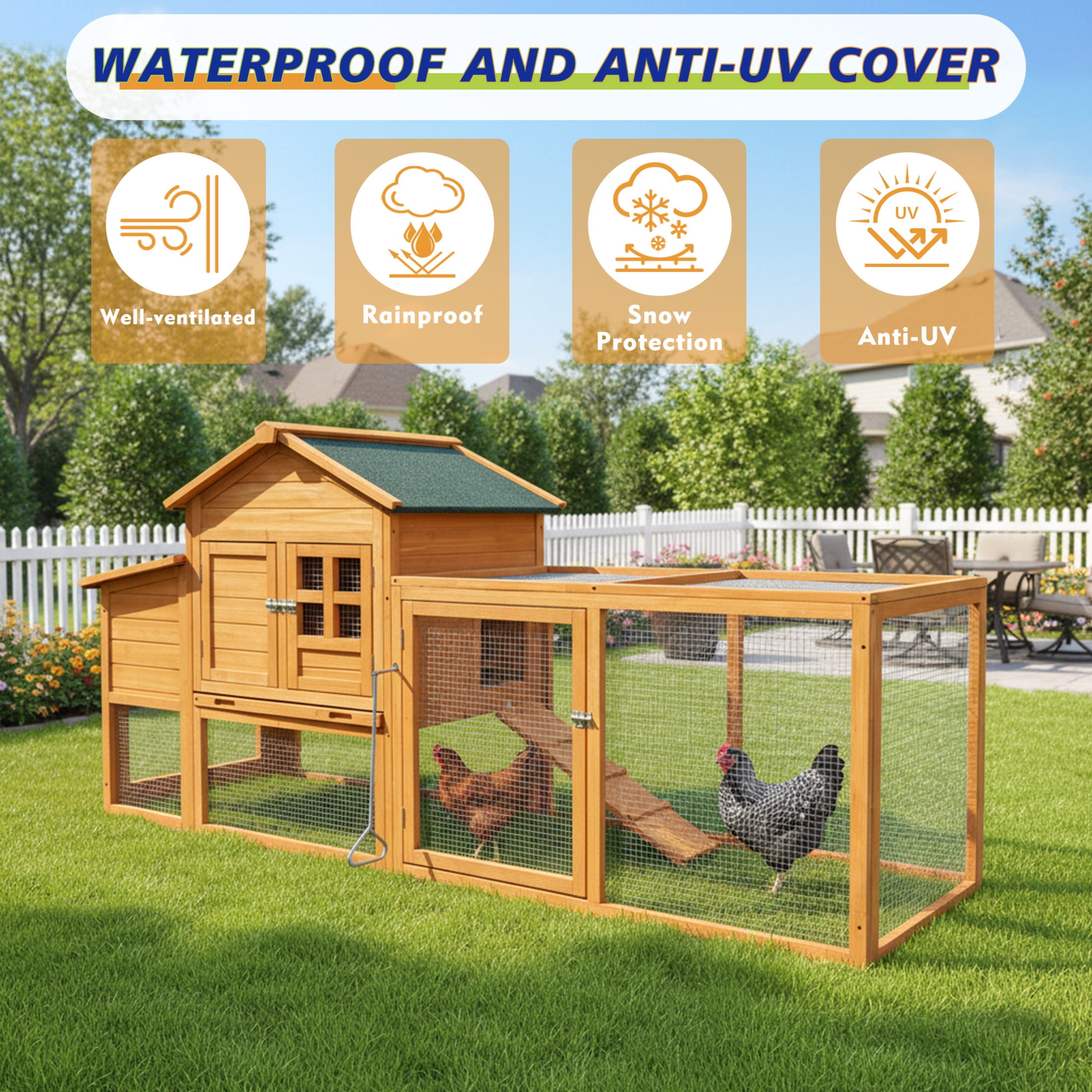 Noble House 80" Outdoor Chicken Coop, Deluxe Wooden Poultry Hutch with Nesting Box and Removable Tray, Natural