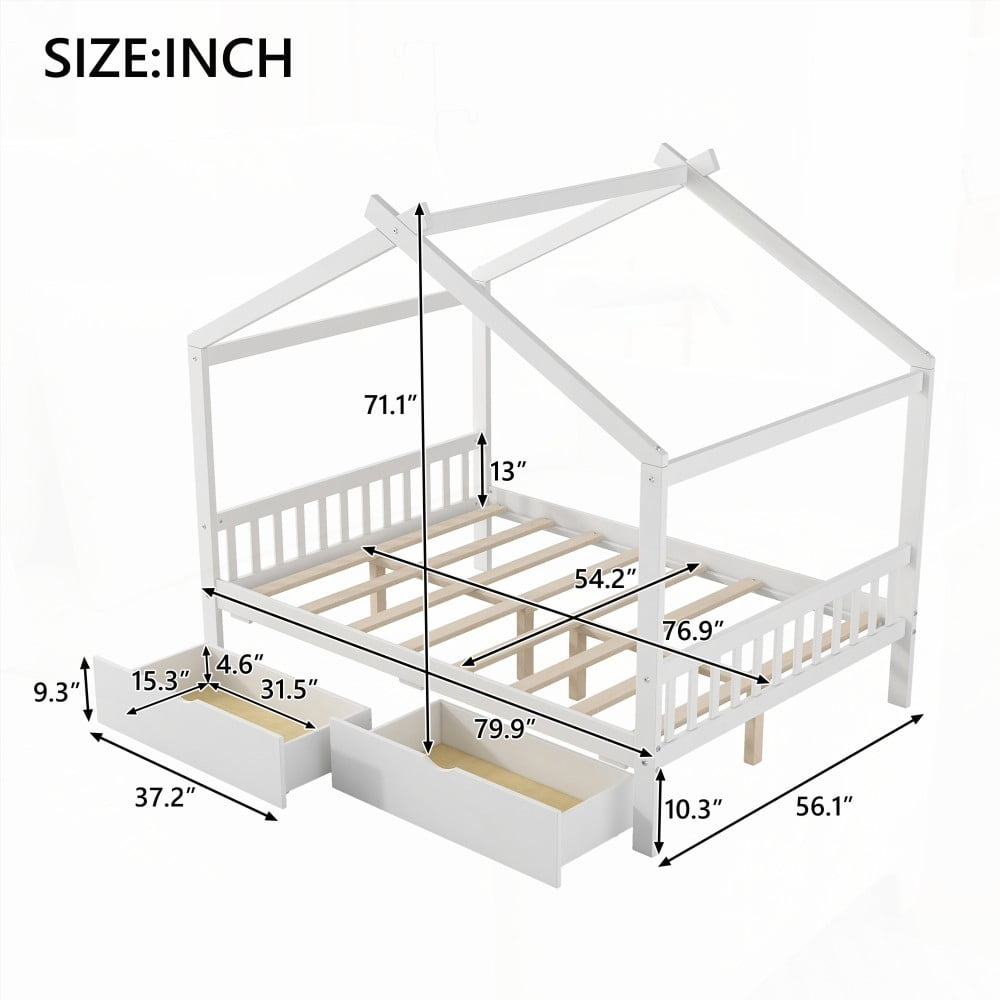 Bed with Storage Drawers & Roof Design - Full Size