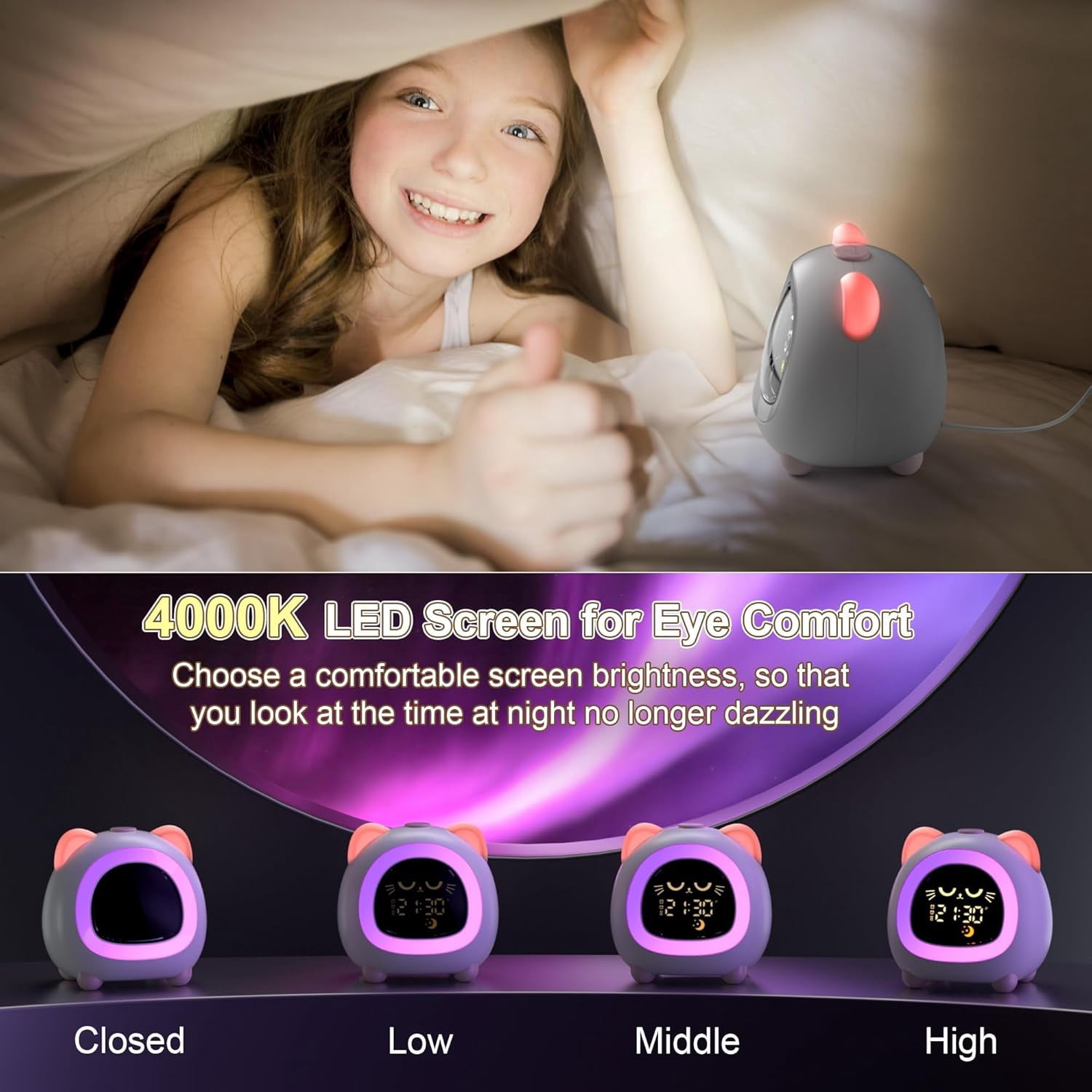 Sailstar Kids Alarm Clock with OK to Wake Light, Sleep Trainer and Dual Alarm, Pink Cat Design