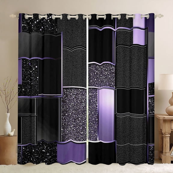 Manfei Elegant Geometric Mosaic Plaid Kitchen Curtains, Glitter Black Out Curtains Pack of 2 (42x63 Each), Black Purple Gold