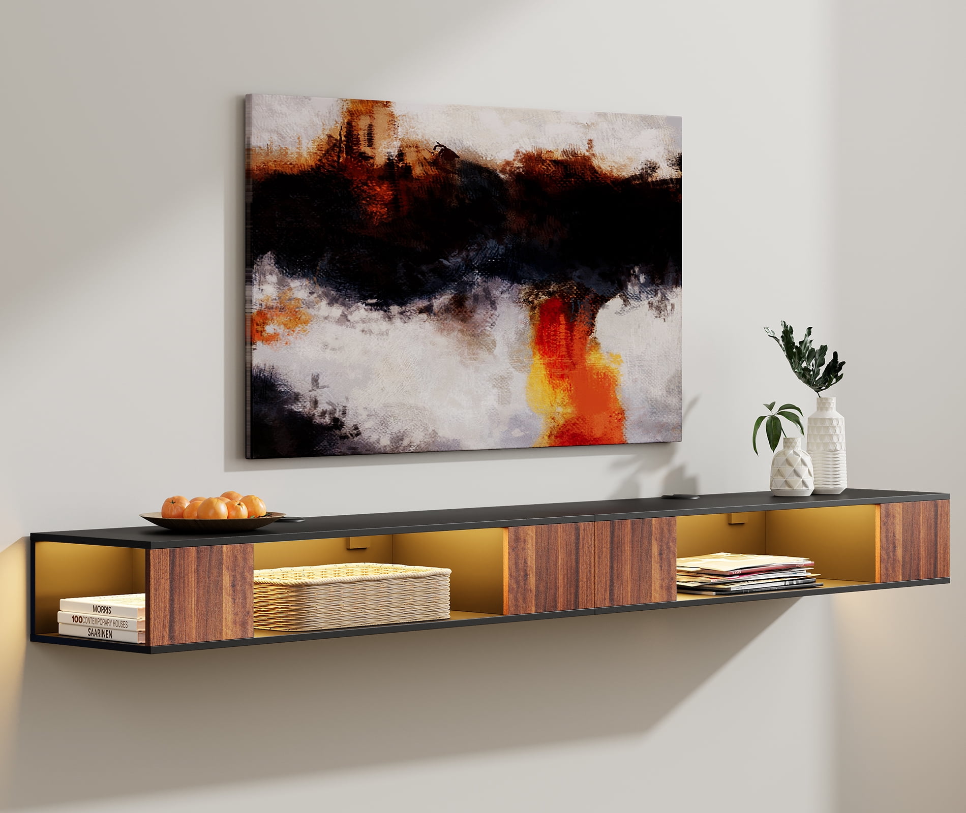 FITUEYES, 75 inch Yellow Light Floating TV Stand for 65-85 inch TVs, Wall Mounted Entertainment Center TV Media Console, Wall Shelf Hutch Cabinet