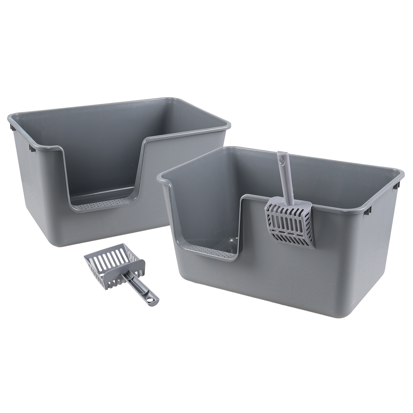 Hespama Plastic High Side Cat Litter Boxes with Scoopers, 2 Pack Large Gray Open Top Litter Trays