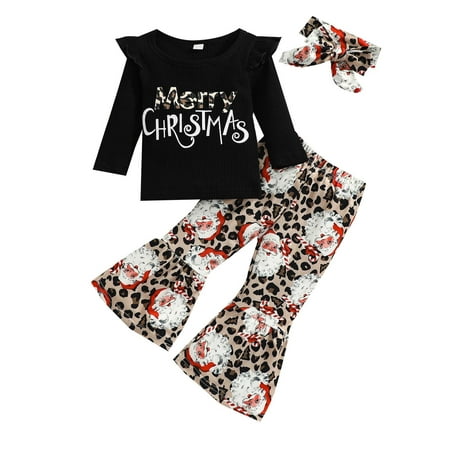 

ZCFZJW Christmas Toddler Baby Girls 3 Piece Outfits Ruffled Long Sleeve Sweatshirt Top Leopard Bell Bottoms Pants Set Baby Clothes with Bow Headband Set Holiday Clothes(Black 12-18 Months)