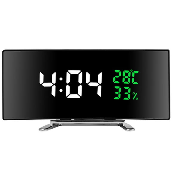 Digital Desk Clock with Large LED Display, Mirror Surface, Temperature and Humidity Monitoring, Silent Alarm, Battery or AC Powered
