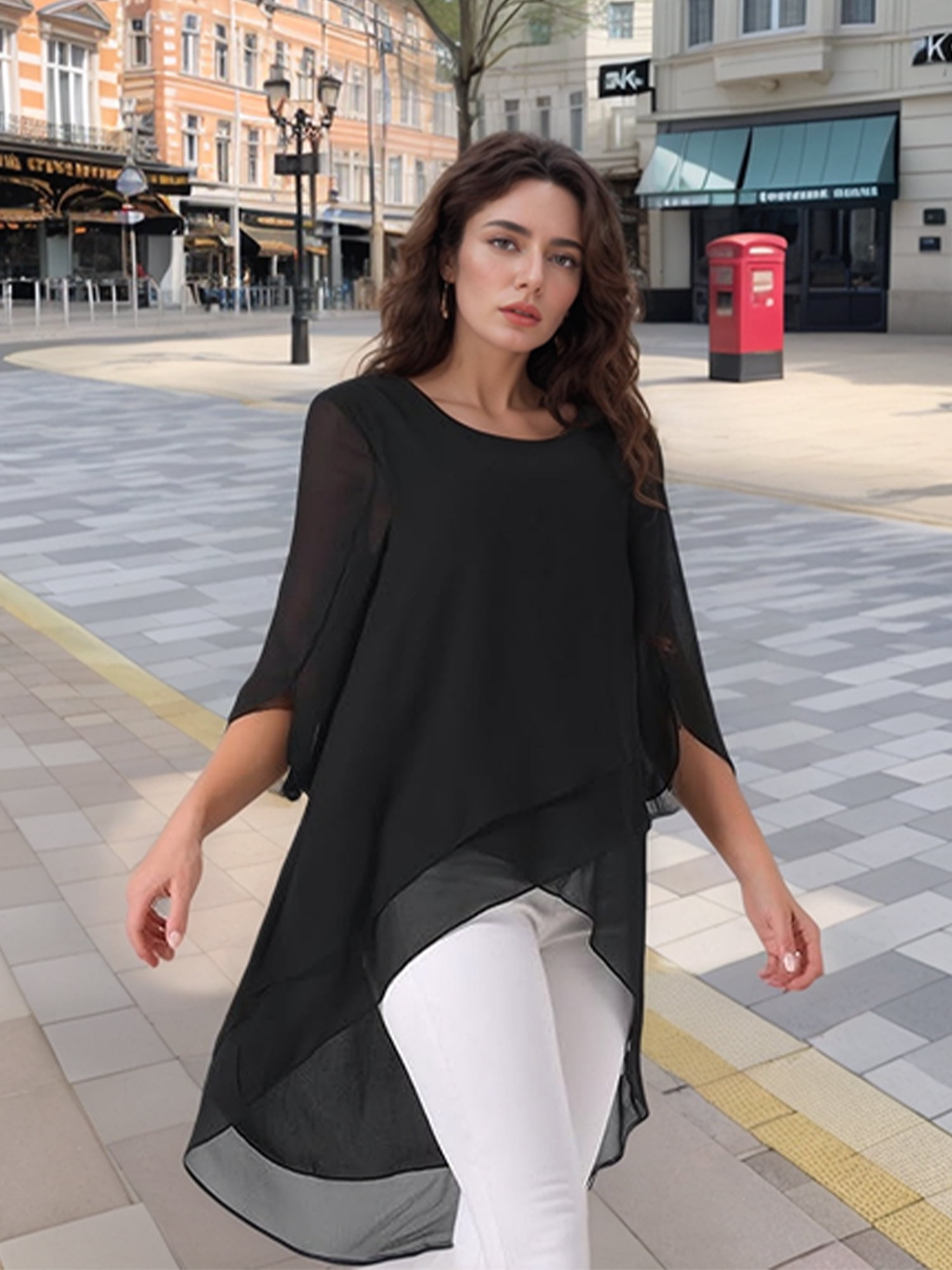 DARING DIVA Women's 3/4 Sleeve High Low Hem Scoop Neck Chiffon Blouses M Black