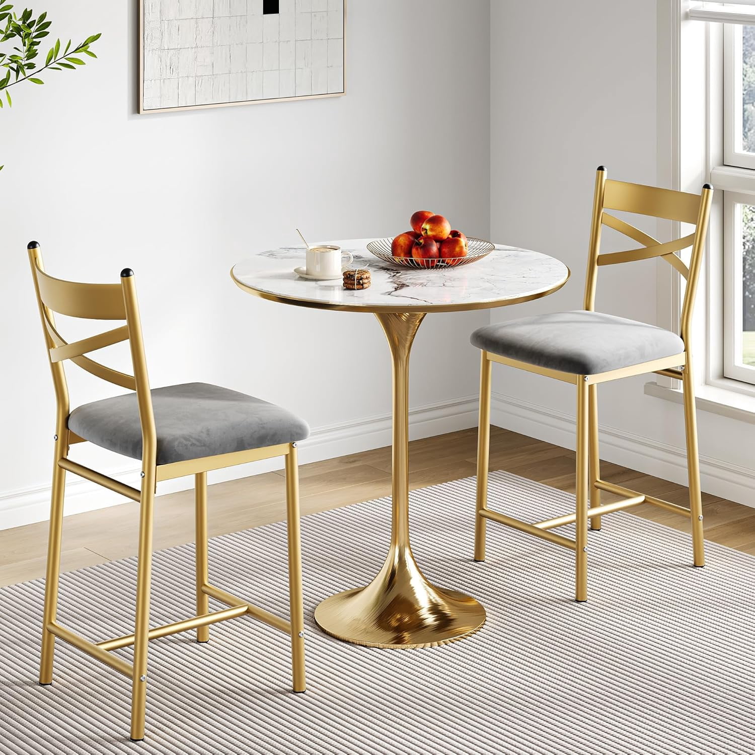 Twister.CK Bar Stools Set of 4, Faux Leather Upholstered Bar Chair with Back & Footrest & Thick Cushion, Counter Height Bar Stools for Kitchen Island Apartment, Golden