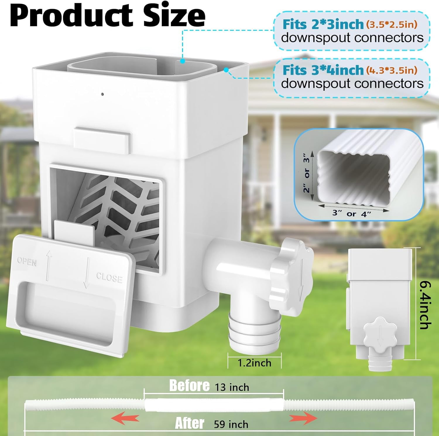 Rainwater Collection System, Downspout Diverter Fits 2x3 or 3x4 Inch Standard Downspouts, Rain Barrel Diverter Kit with Adjustable Valve and Filter