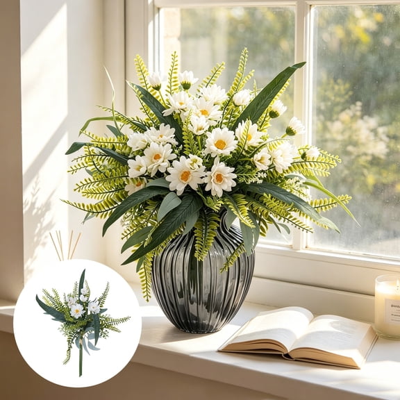 Aff*ordable!Two Beams Chrysanthemum and Aquatic Plants Artificial Flower Bouquet for Home Decoration, Silk Floral Arrangement for Table Centerpiece Photography Prop