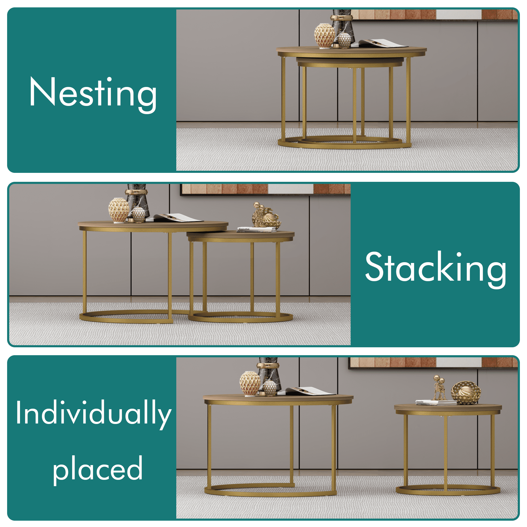 27.6in Nesting Coffee Table Set of 2, Round Coffee Table Wood Marble Pattern Top with Sturdy Metal Frame, End Table Side Tables for Living Room Bedroom Balcony Yard (Brown)