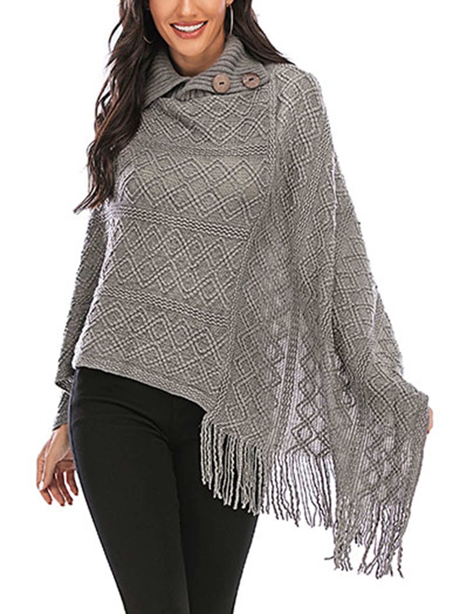 Jaeounr Women Casual Loose Turtleneck Knitted Poncho Pullovers Sweater Top