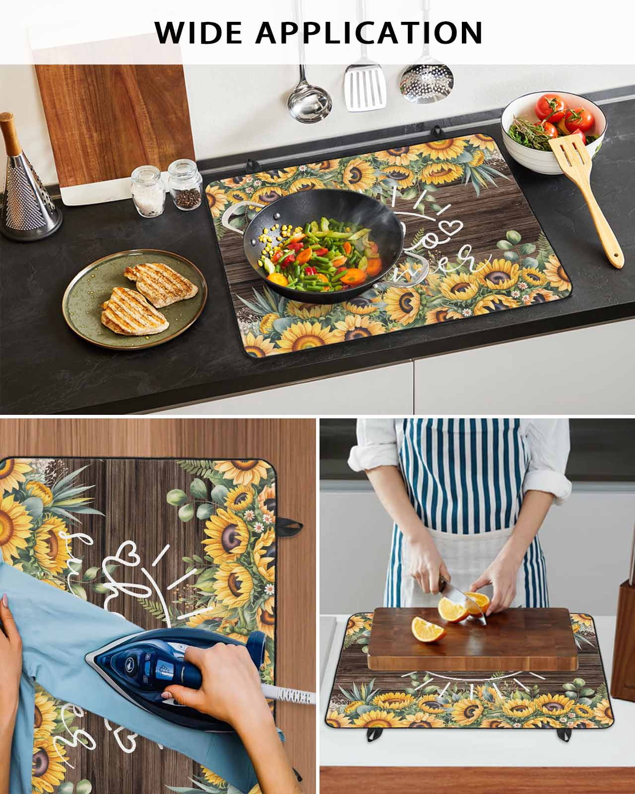 Large Induction Cooktop Protector Mat Sunflower Stove Top Covers for Electric Stove, Yellow Summer Botanical Flowers Wooden Decorative Stove Burner Cover Mats, Glass Top Stove Cover
