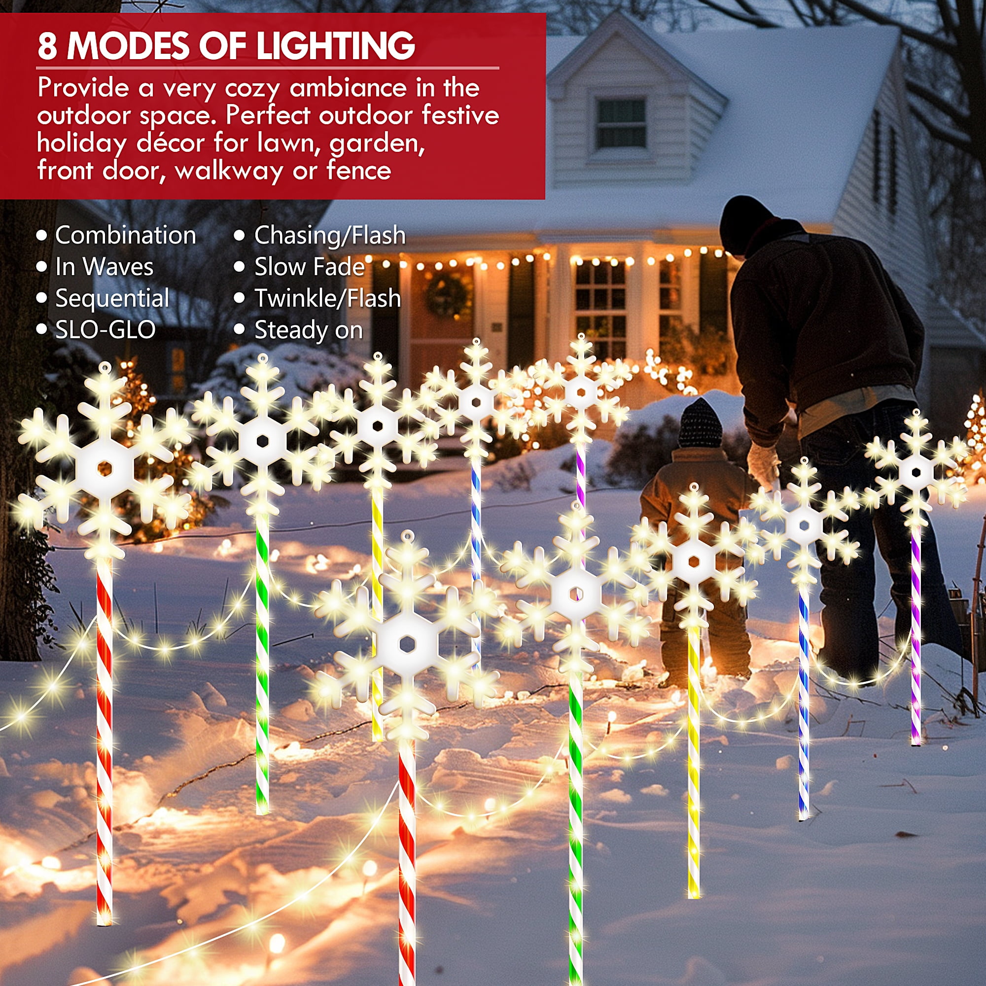 10 Pk Christmas Pathway Snowflake Lights 250 LED 8 Modes Waterproof  Lighted Outdoor Christmas Decoration