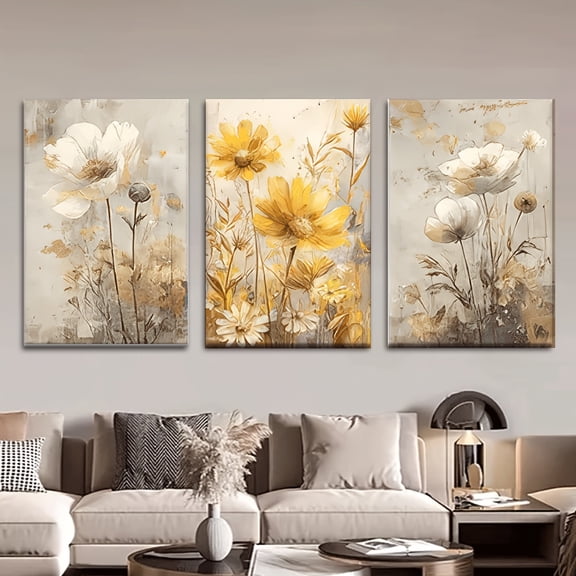3pcs, Canvas painting--Unframed, Beautiful yellow flowers, Decorative hanging ornament, living room, library, office, cafe, bar, abstract art, perfect birthday, holiday gift, Valentine's Day