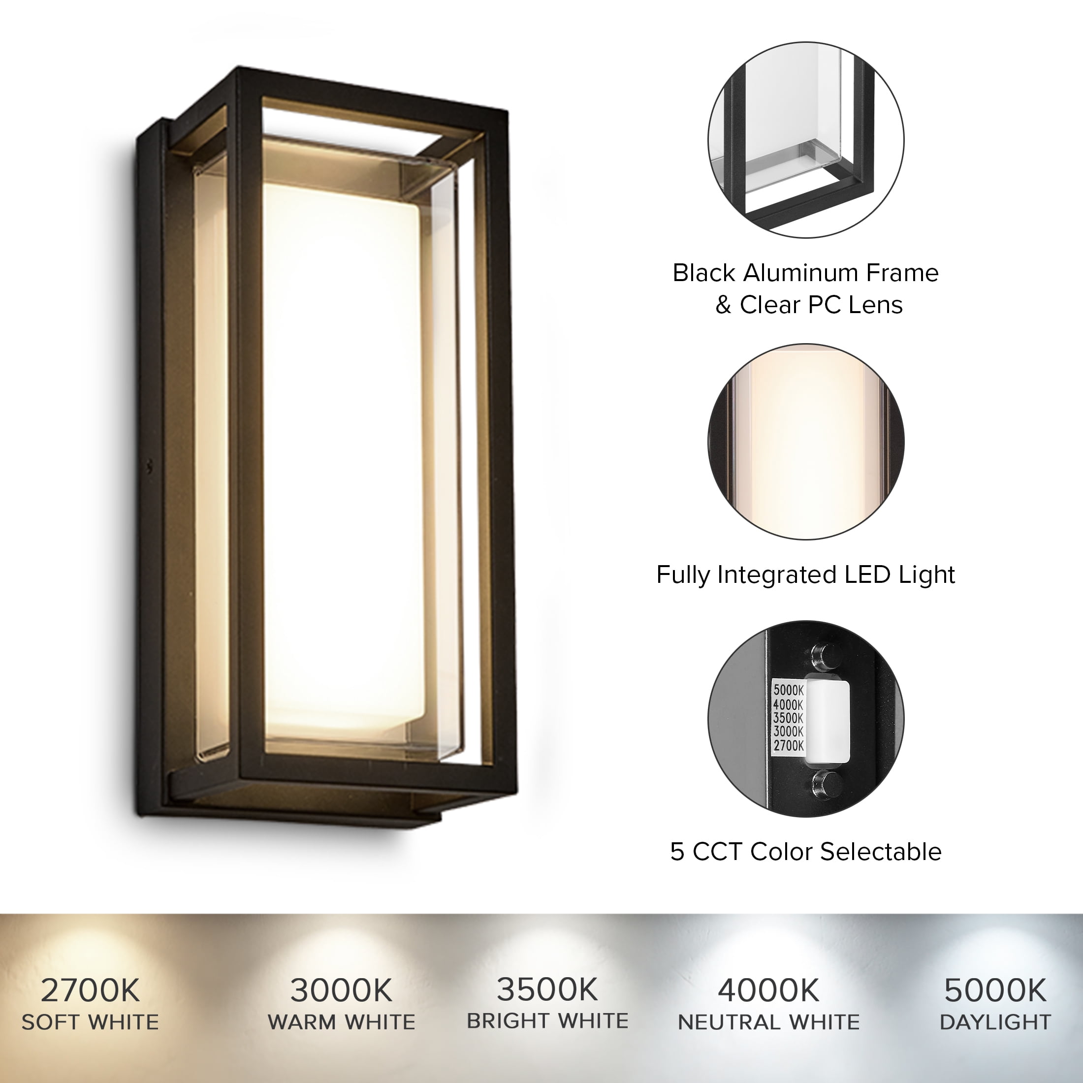 Maxxima LED Outdoor Wall Light, Black, Modern Porch Light, 1800 Lumens, 5 CCT 2700K-5000K