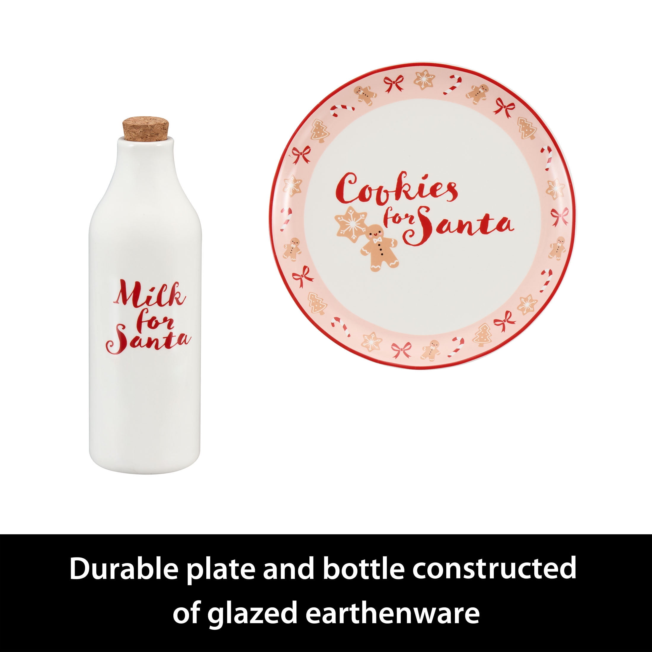 Holiday Time Multicolor Round Glazed Earthenware Ceramic Santa Cookie Plate with Corked Milk Bottle