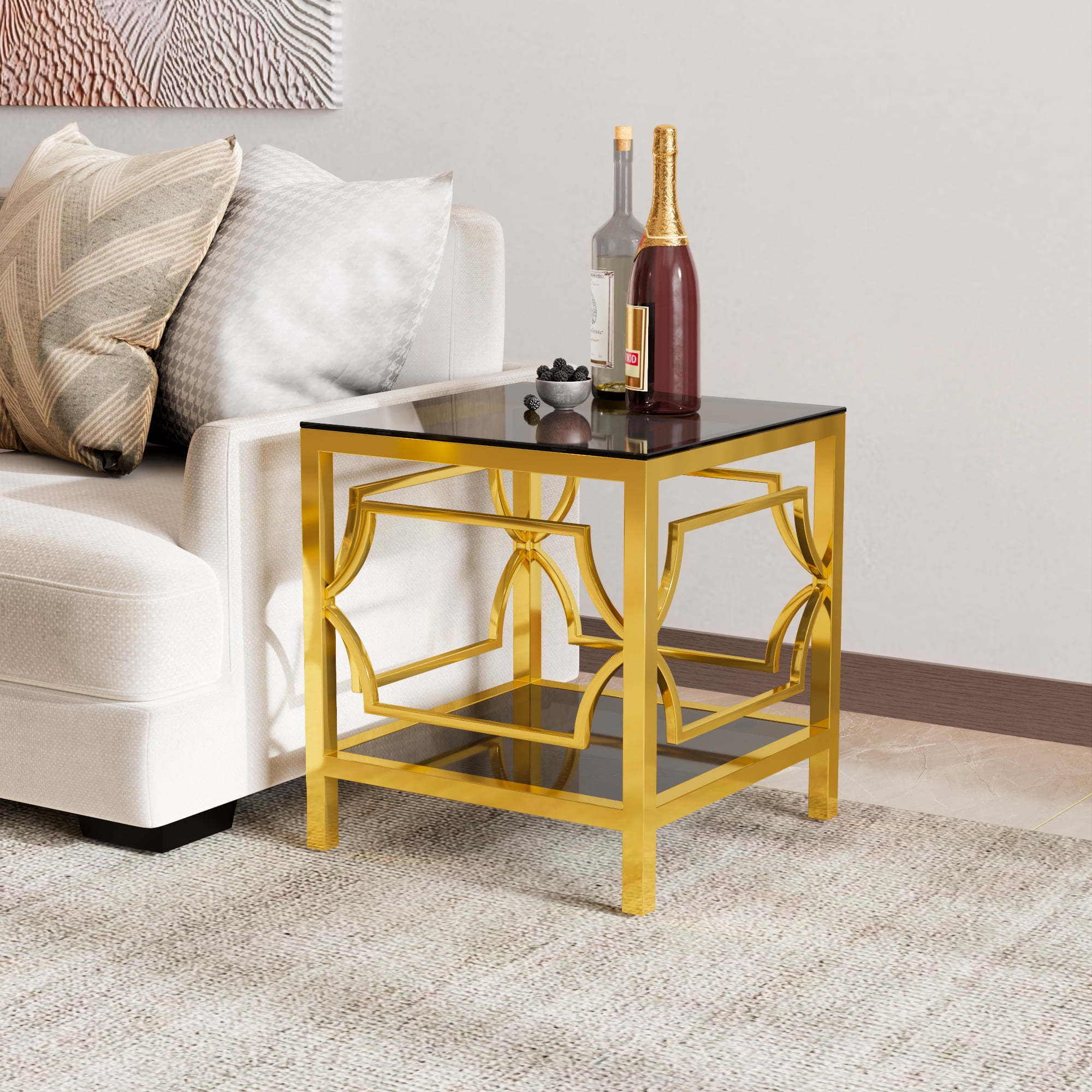 19.7" Modern Gold Square Side Table with Tempered Glass Top & Storage Shelf, Luxury Glam End Table with Metal Frame for Living Room, Bedroom, Sofa Side, Small Space Accent Table